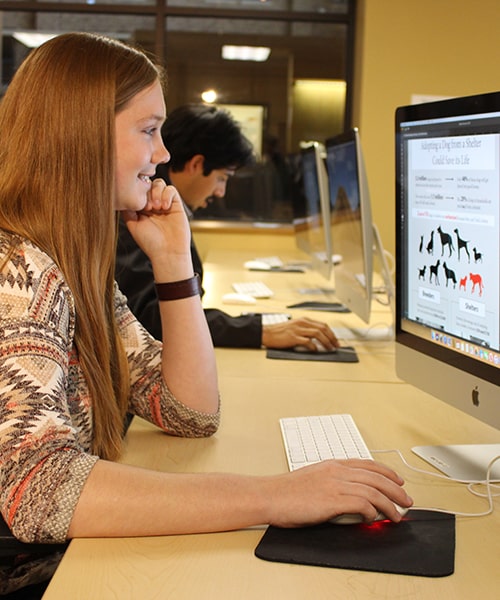 Female student working on poster in the computer lab.